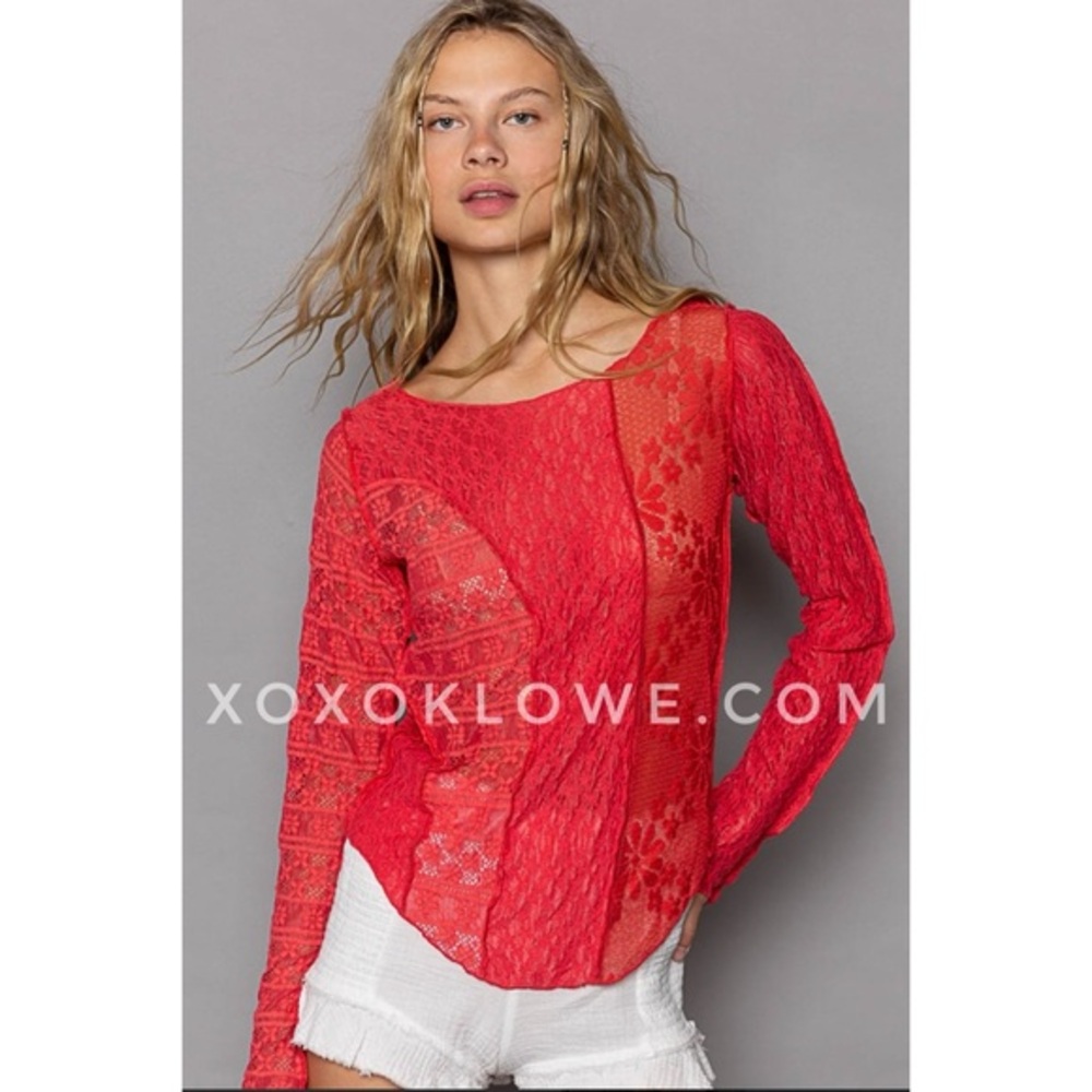 POL Red Lace Blouse | Mixed Pattern Long Sleeve Round Hem